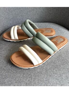 SOREL Ella II Puff Leather Sandals Slide Slip On Pastel Green Cream Womens 9
NEW